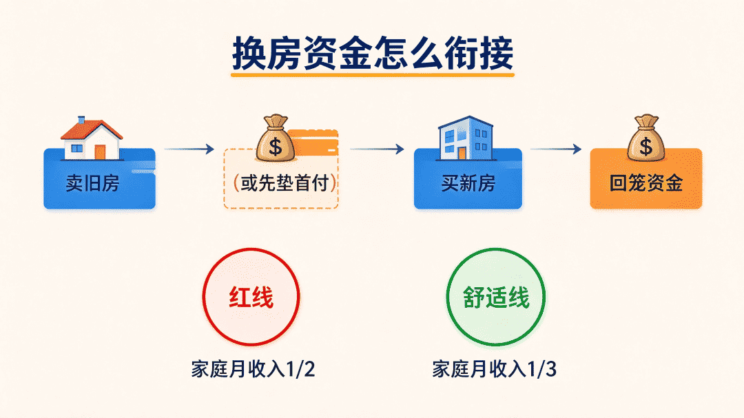 六安换房资金衔接与两笔月供示意图