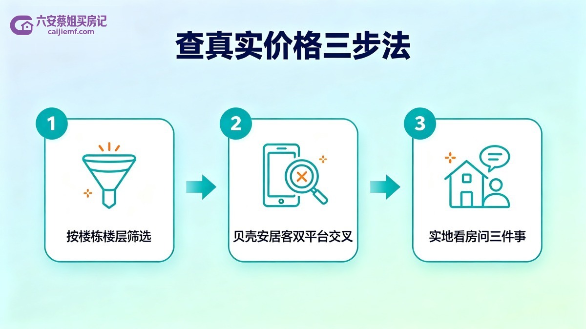 六安一房一价查询三步法示意图