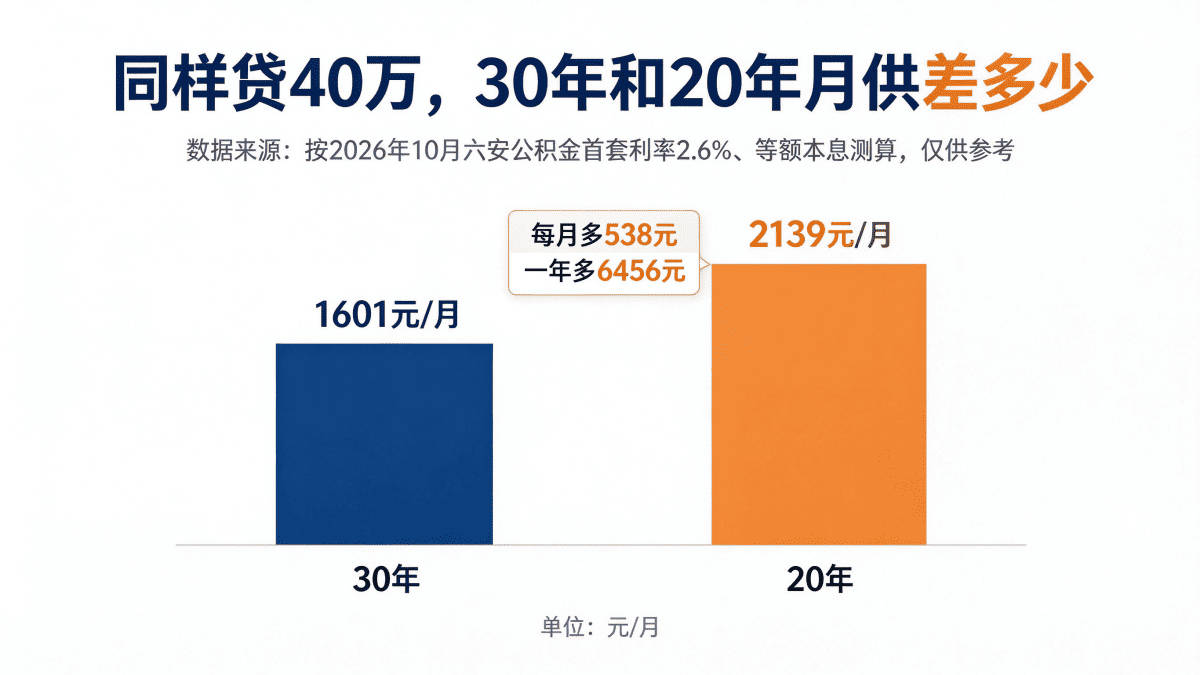 六安贷款40万公积金利率2.6%,30年月供1601元与20年月供2139元对比图